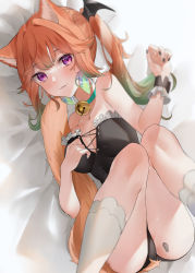 Rule 34 | 1girl, absurdres, animal ears, awaki224, bell, black nails, blush, breasts, clothing request, earrings, fang, feather earrings, feathers, green hair, highres, hololive, hololive english, jewelry, lying, nail polish, on back, orange hair, parted lips, purple eyes, skin fang, tail, takanashi kiara, teeth, virtual youtuber