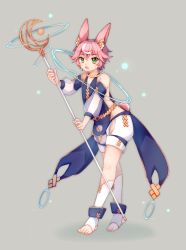 Rule 34 | 1boy, absurdres, animal ear fluff, animal ears, eyuzi i, full body, green eyes, hair between eyes, highres, holding, holding staff, male focus, multicolored hair, open mouth, original, pink hair, rabbit ears, rabbit tail, solo, spats (footwear), staff, streaked hair, tail, white hair