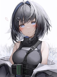 Rule 34 | 1girl, absurdres, ahoge, arknights, bare shoulders, between breasts, black coat, black hair, blue eyes, blush, breasts, closed mouth, coat, fur-trimmed coat, fur trim, hair intakes, hair ornament, hairclip, heart, heart in eye, highres, la pluma (arknights), looking at viewer, medium breasts, off shoulder, open clothes, open coat, short hair, smile, solo, strap between breasts, symbol in eye, tab head, underbust