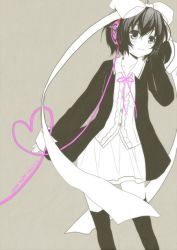 Rule 34 | 1girl, borrowed character, bow, dress, hair bow, happy birthday, headphones, heart, heart of string, kurot, long sleeves, original, ribbon, short hair, simple background, solo, spot color, thighhighs