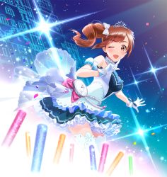Rule 34 | 10s, 1girl, ;), beads, bow, brown eyes, brown hair, choker, confetti, dress, dutch angle, finger to mouth, gloves, glowstick, hair bow, idol, idolmaster, idolmaster cinderella girls, idolmaster cinderella girls starlight stage, igarashi kyoko, jumping dogeza, one eye closed, open mouth, pocket watch, side ponytail, sky, smile, solo, sparkle, star (sky), starry sky, thighhighs, tiara, watch, white gloves