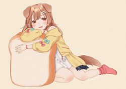 Rule 34 | 1girl, animal ears, bare shoulders, beige background, blush, bow, bracelet, bread, brown eyes, brown hair, dog ears, dog girl, dog tail, drooling, fingernails, food, green bow, highres, hololive, inugami korone, inugami korone (1st costume), jewelry, long hair, mizutamako, nail polish, open mouth, red bow, red socks, signature, simple background, smile, socks, solo, tail, virtual youtuber, yellow nails