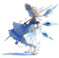 Rule 34 | 1girl, absurdres, artist request, blue dress, blue eyes, blue hair, bow, bug, bug hunting, butterfly net, cirno, clothes lift, collared shirt, commentary request, dress, dress lift, dress shirt, flower, frilled skirt, frilled sleeves, frills, from side, hair between eyes, hair bow, hand net, hat, highres, holding, holding butterfly net, ice, ice wings, insect cage, morning glory, neck ribbon, pinafore dress, plant, puffy short sleeves, puffy sleeves, red ribbon, ribbon, shaded face, shadow, shirt, short hair, short sleeves, simple background, skirt, sleeveless dress, slippers, smile, solo, straw hat, sunflower, tanned cirno, touhou, vines, white background, white bow, white shirt, wing collar, wings