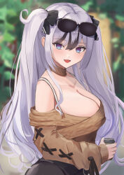 Rule 34 | 1girl, :d, absurdres, azur lane, bare shoulders, black bow, black hair, black skirt, blue eyes, blurry, blurry background, bow, bra strap, breasts, brown choker, brown sweater, choker, cleavage, commentary, elbe (azur lane), elbe (pure-hearted bad girl) (azur lane), eyewear on head, grey hair, hair between eyes, hair bow, highres, large breasts, long hair, long sleeves, looking at viewer, off-shoulder sweater, off shoulder, official alternate costume, open mouth, remapack77, skirt, smile, solo, sunglasses, sweater, two side up, upper body, very long hair