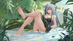 Rule 34 | 1girl, absurdres, arknights, bare arms, bare legs, bare shoulders, barefoot, black gloves, black one-piece swimsuit, breasts, cleavage, commentary, frills, full body, gloves, hair between eyes, highres, large breasts, long hair, looking at viewer, mr.yu, no headwear, one-piece swimsuit, parted lips, plant, reclining, red eyes, silver hair, sitting, skadi (arknights), solo, swimsuit, thighs, water