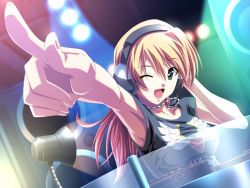 Rule 34 | 1girl, :d, armpits, blonde hair, collarbone, dj, dutch angle, female focus, foreshortening, game cg, green eyes, hand on own ear, hand on own ear, headphones, ichinose kyou, imitation lover, izumi mahiru, jewelry, long hair, looking at viewer, necklace, one eye closed, open mouth, pointing, shirt, smile, solo, speaker, spotlight, upper body, wallpaper, wink