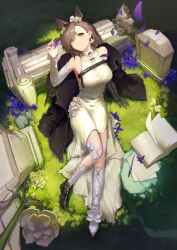 1girl absurdres animal_ears arknights arm_up bare_shoulders black_coat book broken brown_hair chinese_commentary closed_mouth coat column commentary crown_of_thorns dress earrings eyes_visible_through_hair falling_petals flower flower_earrings full_body gauntlets grass hair_over_one_eye highres jewelry knees_together_feet_apart light_smile long_dress medium_hair official_alternate_costume on_grass on_ground open_book penance_(arknights) penance_(scribing)_(arknights) petals pillar plant purple_flower single_gauntlet sleeveless sleeveless_dress solo tendai_no_karasu tombstone white_dress white_flower wind yellow_eyes