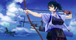 Rule 34 | 10s, 1girl, a6m zero, aircraft, airplane, archery, arrow (projectile), bad id, bad pixiv id, blue sky, bow (weapon), breasts, brown eyes, brown hair, cloud, day, drawing bow, female focus, gloves, hakama, hakama short skirt, hakama skirt, holding, holding bow (weapon), holding weapon, japanese clothes, kaga (kancolle), kantai collection, kyuudou, large breasts, looking to the side, misumi (niku-kyu), muneate, partially fingerless gloves, partly fingerless gloves, quiver, serious, side ponytail, single glove, skirt, sky, solo, tasuki, upper body, weapon, yugake