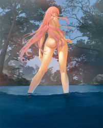 Rule 34 | 10s, 1girl, ass, blackrabbitsoul, darling in the franxx, from behind, green eyes, highres, horns, long hair, looking at viewer, nude, pink hair, solo, standing, tree, wading, water, zero two (darling in the franxx)