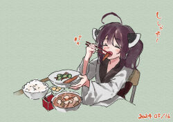Rule 34 | 1girl, ^ ^, ahoge, blush, bowl, brown hair, chair, chopsticks, closed eyes, dated, eating, facing viewer, food, food request, green background, headgear, holding, holding chopsticks, holding plate, japanese clothes, kimono, lamb (hitsujiniku), long sleeves, on chair, open mouth, plate, rice, rice bowl, solo, table, touhoku kiritan, translation request, twintails, upper body, voiceroid, white kimono, wide sleeves