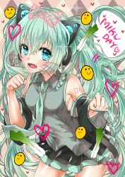 Rule 34 | 1girl, aqua eyes, aqua hair, argyle, argyle background, argyle clothes, cat tail, character name, detached sleeves, eroriru, fang, hatsune miku, headphones, long hair, nail polish, necktie, open mouth, paw pose, pleated skirt, skirt, solo, spring onion, tail, twintails, very long hair, vocaloid