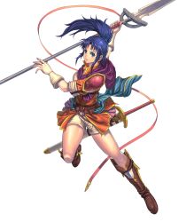 Rule 34 | 1girl, armor, blue eyes, blue hair, boots, brown footwear, female focus, fire emblem, fire emblem: new mystery of the emblem, fire emblem heroes, full body, highres, holding, holding polearm, holding spear, holding weapon, izuka daisuke, kris (fire emblem), long hair, matching hair/eyes, nintendo, official art, parted lips, polearm, ponytail, sheath, shorts, solo, spear, sword, thighs, transparent background, weapon