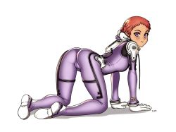 Rule 34 | 1girl, all fours, artist name, ass, ao no roku-gou, bodysuit, cameltoe, cleft of venus, diving suit, from behind, full body, gloves, headset, kino mayumi, looking at viewer, looking back, optionaltypo, purple bodysuit, purple eyes, red hair, short hair, simple background, skin tight, solo, very short hair, white background, white gloves