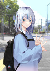 Rule 34 | 1girl, absurdres, backpack, bag, bag charm, black bag, blue eyes, blue hair, blue sky, blue sweater, blurry, blurry background, blush, brick floor, casual, charm (object), chest strap, closed mouth, cloud, commentary, depth of field, double v, dress, fingernails, from side, gawr gura, gradient sweater, grey sweater, hair ornament, hands up, highres, hololive, hololive english, jun (30409972), lamppost, light smile, long sleeves, looking at viewer, looking to the side, medium hair, multicolored hair, outdoors, photo background, pink nails, road, shark hair ornament, sidewalk, sky, sleeves past wrists, smile, solo, standing, streaked hair, sweater, sweater dress, traffic light, two side up, upper body, v, virtual youtuber, white hair