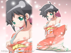 Rule 34 | 1girl, azumaya koyuki, black hair, breasts, female focus, flat chest, from side, gambler club, glowing, highres, japanese clothes, keroro gunsou, kimono, looking at viewer, nipples, outline, projected inset, solo, undressing, wallpaper