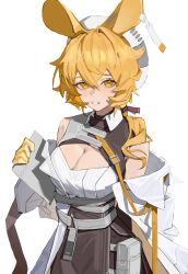 Rule 34 | 1girl, animal ears, arknights, belt, blonde hair, breasts, cleavage, cleavage cutout, clothing cutout, collar, cropped legs, dorothy (arknights), dress, ear tag, gloves, highres, large breasts, looking at viewer, medium breasts, off shoulder, ponytail, pouch, rosehip t72, sidelocks, white background, white headwear, yellow eyes, yellow gloves