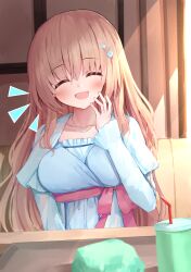 Rule 34 | 1girl, 9-nine-, absurdres, blue dress, blush, breasts, brown hair, cafe, closed mouth, collarbone, couch, diamond hair ornament, dress, eyelashes, frilled dress, frills, hair between eyes, hand on own cheek, hand on own face, highres, indoors, jewelry, kujou miyako, large breasts, long hair, long sleeves, looking at viewer, necklace, nodoameyatou, on couch, open hand, open mouth, red ribbon, ribbon, sidelocks, sitting, smile, solo, sparkle, sunlight, table, talking, very long hair, wavy hair