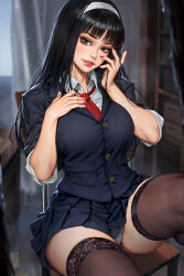 Rule 34 | 1girl, black eyes, black hair, black jacket, black skirt, blazer, blurry, blurry background, bookshelf, breasts, buttons, collared shirt, commentary, curtains, english commentary, hairband, hand on own chest, highres, jacket, kawakami tomie, large breasts, lips, long hair, miniskirt, mixed-language commentary, mole, mole under eye, necktie, neoartcore, on chair, panties, pantyshot, patreon username, pleated skirt, red nails, red necktie, school uniform, shirt, sitting, skirt, solo, thai commentary, thighhighs, tomie, underwear, white hairband, white panties, white shirt