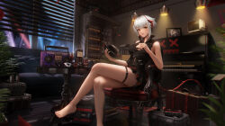 Rule 34 | + +, 1girl, absurdres, alcohol, ambience synesthesia, antenna hair, arknights, armchair, bare legs, bare shoulders, barefoot, belt, black dress, black hat, bottle, breasts, brown eyes, ceiling light, chair, cleavage, crossover, demon girl, demon horns, demon tail, dress, feet, foot out of frame, grey hair, hat, highres, holding, holding clothes, holding hat, horns, indoors, instrument, legs, ling dianxia, looking at viewer, medium breasts, multicolored hair, night, official alternate costume, parted lips, piano, radio, red hair, shelf, short hair, sitting, smile, solo, tail, thigh strap, toes, two-tone hair, unworn hat, unworn headwear, w (arknights), window