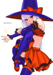 Rule 34 | 1990s (style), 1girl, alternate costume, armpits, bare shoulders, bow, capcom, capcom fighting jam, detached sleeves, fingernails, frills, halloween, happy halloween, hat, hat bow, highres, ingrid (capcom), leg up, long hair, mary janes, midnight bliss, midriff, miniskirt, nail polish, purple thighhighs, red eyes, retro artstyle, shoes, simple background, skirt, smile, solo, strapless, street fighter, street fighter zero (series), tetsu (kimuchi), thighhighs, toned, tube top, white background, white hair, witch hat
