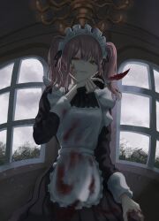 Rule 34 | 1girl, absurdres, apron, black dress, black ribbon, blood, blood on clothes, blood on face, blood on hands, bloody weapon, chandelier, clenched teeth, dress, ear piercing, frilled apron, frills, hair ribbon, highres, holding, holding knife, indoors, knife, kyano (kyanora3141), light particles, long sleeves, looking at viewer, maid, maid apron, maid headdress, medium hair, neck ribbon, orange eyes, original, piercing, pink hair, ribbon, ringed eyes, solo, standing, sweat, teeth, twintails, upper body, weapon, white apron, window