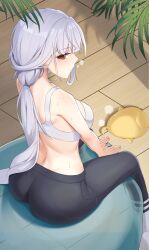 Rule 34 | 1girl, absurdres, ass, azur lane, ball, bare arms, bare shoulders, black pants, breasts, brown eyes, closed mouth, commentary request, exercise ball, from behind, highres, large breasts, leaf, light smile, long hair, looking at viewer, looking back, low ponytail, manjuu (azur lane), marseillaise (azur lane), marseillaise (fighting angel&#039;s regimen) (azur lane), midriff, monmo mu, official alternate costume, pants, profile, sitting, sitting on ball, solo, sports bra, sweat, very long hair, white hair, white sports bra, wooden floor, yoga pants