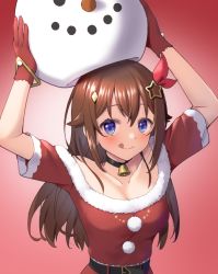 Rule 34 | 1girl, :q, arms up, bad id, bad pixiv id, bare shoulders, bell, black choker, blue eyes, blush, breasts, brown hair, choker, cleavage, closed mouth, collarbone, commentary request, dress, faubynet, fur-trimmed dress, fur trim, gloves, hair between eyes, hair ornament, hat, holding, holding clothes, holding hat, hololive, medium breasts, neck bell, off-shoulder dress, off shoulder, red dress, red gloves, red ribbon, ribbon, santa costume, short sleeves, smile, snowman hat, solo, star (symbol), star hair ornament, tokino sora, tongue, tongue out, virtual youtuber, white hat