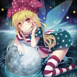 Rule 34 | 1girl, :o, alternate legwear, american flag dress, american flag legwear, arm rest, arm support, asymmetrical clothes, blonde hair, blue nails, blush, clownpiece, commentary request, crescent moon, dress, fairy wings, fingernails, full moon, hair between eyes, hat, head tilt, jester cap, kneeling, leaning forward, long hair, looking at viewer, minamura haruki, moon, nail polish, neck ruff, no shoes, parted lips, polka dot headwear, red eyes, red nails, ripples, short dress, solo, star (symbol), star print, striped clothes, striped dress, striped thighhighs, thighhighs, touhou, water, wings, zettai ryouiki