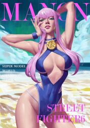 Rule 34 | 1girl, alternate costume, blue eyes, breasts, clothing cutout, covered navel, highres, large breasts, lips, lipstick, looking at viewer, makeup, manon legrand, one-piece swimsuit, outdoors, phamoz, pink hair, short hair, short hair with long locks, solo, street fighter, street fighter 6, swimsuit