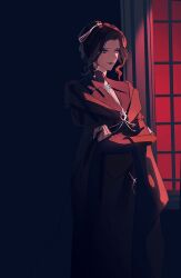 Rule 34 | 1girl, crossed arms, curtains, daly simone, dark, dress, earrings, hair bun, jewelry, lips, lipstick, long hair, looking ahead, lord of the mysteries, makeup, night, red light, robe, shaded face, single earring, solo, tianlihutong, window