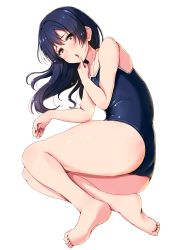 Rule 34 | 1girl, absurdres, bare legs, barefoot, black hair, black one-piece swimsuit, blush, collarbone, feet, finger to mouth, full body, highres, looking at viewer, love live!, love live! school idol project, lying, medium hair, on side, one-piece swimsuit, open mouth, school swimsuit, shinonon (iso shino), simple background, soles, solo, sonoda umi, swimsuit, thighs, toes, white background, yellow eyes