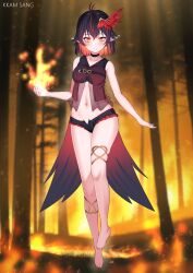 Rule 34 | 1girl, absurdres, antenna hair, bare arms, bare legs, bare shoulders, barefoot, black choker, black hair, black shirt, black shorts, breasts, burning, center opening, choker, colored inner hair, commission, crop top, fire, forest, full body, gradient clothes, head wings, highres, kkam-sang, looking at viewer, medium breasts, micro shorts, midriff, multicolored hair, nature, navel, open fly, orange eyes, original, pointy ears, revealing clothes, see-through, shirt, short hair, shorts, skindentation, sleeveless, sleeveless shirt, solo, stomach, streaked hair, thighlet, thighs, waist cape, wings