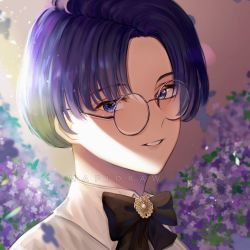 Rule 34 | 1boy, artist name, black bow, blurry, bokeh, bow, brooch, cardcaptor sakura, close-up, commentary, depth of field, deviantart username, english commentary, floral background, flower, glasses, grey-framed eyewear, highres, hiiragizawa eriol, jewelry, light, looking to the side, mapidraw, parted bangs, parted lips, plant, purple eyes, purple flower, round eyewear, shirt, short hair, sunlight, white shirt