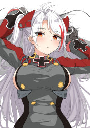 Rule 34 | 1girl, absurdres, antenna hair, azur lane, blush, breasts, closed mouth, dress, expressionless, gloves, grey dress, grey gloves, headgear, highres, large breasts, long hair, long sleeves, looking at viewer, lying, moyoron, multicolored hair, on back, orange eyes, prinz eugen (azur lane), red hair, sideboob, simple background, sleeves past wrists, solo, streaked hair, two side up, upper body, very long hair, white background, white hair