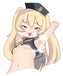 Rule 34 | 1girl, :3, armpits, arms up, ass, azur lane, bache (azur lane), blonde hair, breasts, daroon5, fang, from below, highres, navel, purple eyes, sailor collar, small breasts, solo, sweat, underboob