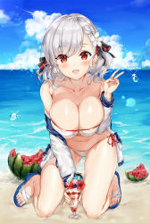Rule 34 | 1girl, :d, artist name, beach, bikini, bird, black ribbon, blue footwear, blue sky, blush, breasts, cleavage, cloud, collarbone, commentary, cup, day, flower, food, fruit, girls&#039; frontline, hair flower, hair ornament, hair ribbon, hand up, horizon, ice cream, jacket, kneeling, large breasts, long hair, long sleeves, looking at viewer, narae, ocean, off shoulder, official alternate costume, open clothes, open jacket, open mouth, outdoors, parfait, red eyes, ribbon, sand, sandals, seagull, shiny skin, side-tie bikini bottom, sidelocks, silver hair, sky, smile, solo, sparkle, spas-12 (girls&#039; frontline), spas-12 (midsummer fruit) (girls&#039; frontline), sundae, sweat, swimsuit, thighs, v, water, water drop, watermelon, white bikini, white jacket