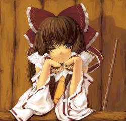 Rule 34 | 1girl, ascot, bored, brown eyes, brown hair, detached sleeves, female focus, hakurei reimu, head rest, japanese clothes, miko, one eye closed, s.advent, solo, touhou, wink, yellow ascot