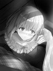 Rule 34 | 1girl, bed sheet, blush, breasts, collarbone, contemporary, fate/grand order, fate (series), frills, greyscale, hair ribbon, highres, kama (fate), long sleeves, looking at viewer, medium breasts, monochrome, open mouth, ribbon, short hair, yamoge