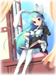 Rule 34 | 1girl, animal ears, bad id, bad pixiv id, blue hair, book, braid, cup, curtains, hairband, holding, holding book, koflif, long hair, long sleeves, monocle, monocle chain, open book, original, rabbit ears, reading, red eyes, sitting, smile, solo, teacup, thighhighs, very long hair, white thighhighs, window