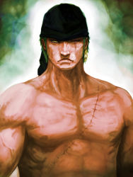 Rule 34 | 1boy, bandana, earrings, green hair, jewelry, looking at viewer, male focus, manly, missing eye, muscular, one-eyed, one eye closed, one piece, roronoa zoro, scar, serious, topless male, short hair, solo, stitches, yellow eyes, yoshida takanori
