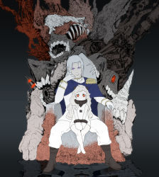 Rule 34 | 10s, 1boy, 1girl, abyssal admiral (kancolle), abyssal ship, admiral (kancolle), fangs, gloves, highres, horns, kantai collection, kouba nobu, looking at viewer, manly, northern ocean princess, sharp teeth, single horn, sitting, sitting on lap, sitting on person, teeth, uniform, white hair