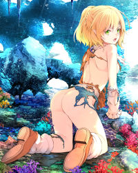 Rule 34 | 1girl, arm warmers, ass, back, blonde hair, breasts, cave, colorful, detached sleeves, green eyes, hair tie, highres, kneeling, lips, looking at viewer, looking back, mikoma sanagi, mizuhashi parsee, no panties, open mouth, plant, pointy ears, ponytail, shoes, short hair, shoulder blades, sideboob, small breasts, socks, solo, spikes, teeth, thighs, torn clothes, touhou, water drop, wet, white legwear