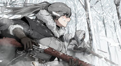 Rule 34 | 1boy, 1girl, 2others, backpack, bag, battle, blush, breath, coat, cold, forest, gogalking, grey hair, grey jacket, gun, highres, hood, hood down, jacket, multiple others, nature, original, ponytail, rifle, shell casing, snow, snowing, tagme, tree, war, weapon, winter clothes, winter coat, winter uniform