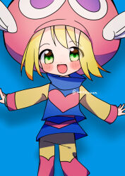Rule 34 | 1girl, amitie (puyopuyo), blonde hair, blue background, blush, green eyes, long sleeves, looking at viewer, open mouth, puyopuyo, puyopuyo fever, red headwear, solo, wenicon 0410, wings