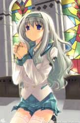 Rule 34 | 1girl, bad id, bad pixiv id, blue eyes, blush, church, cross, dutch angle, hairband, indoors, kneeling, kuji amane, lace, lace-trimmed legwear, lace trim, long hair, mame-p, praying, purple eyes, rosary, sakujo, school uniform, silver hair, skirt, solo, stained glass, thighhighs, white thighhighs
