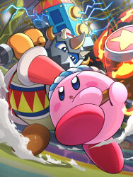 Rule 34 | 1boy, 1other, absurdres, blue hair, cage, fighting, fire, flaming weapon, from below, gonzarez, hammer, headband, highres, holding, holding hammer, in cage, king dedede, kirby, kirby (series), lightning, mask, nintendo, parted lips, striped headband