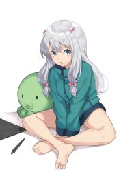 Rule 34 | 1girl, :o, bare legs, barefoot, between legs, blush, bow, drawing tablet, eromanga sensei, feet, hair bow, hand between legs, highres, izumi sagiri, jacket, long hair, looking at viewer, low-tied long hair, open mouth, purple bow, shooene, sidelocks, silver hair, simple background, soles, solo, stuffed animal, stuffed octopus, stuffed toy, stylus, toes, white background