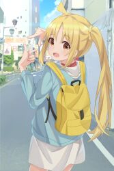 Rule 34 | 1girl, :d, ahoge, backpack, bag, blonde hair, blue shirt, bocchi the rock!, brown eyes, chinosuke (cs4126), commentary request, cowboy shot, finger frame, hands up, highres, ijichi nijika, long hair, long sleeves, looking at viewer, looking back, open mouth, outdoors, photo background, road, shirt, side ponytail, sidelocks, skirt, smile, solo, standing, street, white skirt, yellow bag