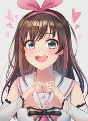 Rule 34 | 1girl, :d, arm warmers, black ribbon, blush, bow, brown hair, close-up, collarbone, grey background, hair bow, hairband, heart, heart hands, kizuna ai, kizuna ai inc., lace-trimmed sleeves, lace trim, long hair, looking at viewer, multicolored hair, open mouth, own hands together, pink bow, pink hair, ribbon, sailor collar, sidelocks, simple background, smile, solo, streaked hair, striped ribbon, teeth, torakun14, upper body, virtual youtuber
