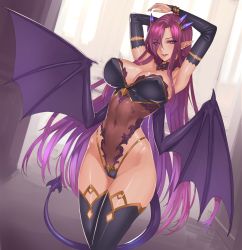 Rule 34 | 1girl, armpits, arms up, black gloves, black thighhighs, bracelet, breasts, bridal gauntlets, choker, cleavage, covered navel, damegane, demon girl, demon tail, demon wings, dutch angle, earrings, elbow gloves, fingerless gloves, gloves, hair ornament, hair over one eye, highres, jewelry, large breasts, leotard, long hair, original, parted lips, pointy ears, purple eyes, purple hair, see-through, smile, smirk, solo, tail, thighhighs, very long hair, wings
